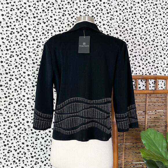 NEW Ming Wang | Silver Embroidered Black Knit 3/4 Sleeve Cardigan Jacket S NWT - Picture 6 of 9